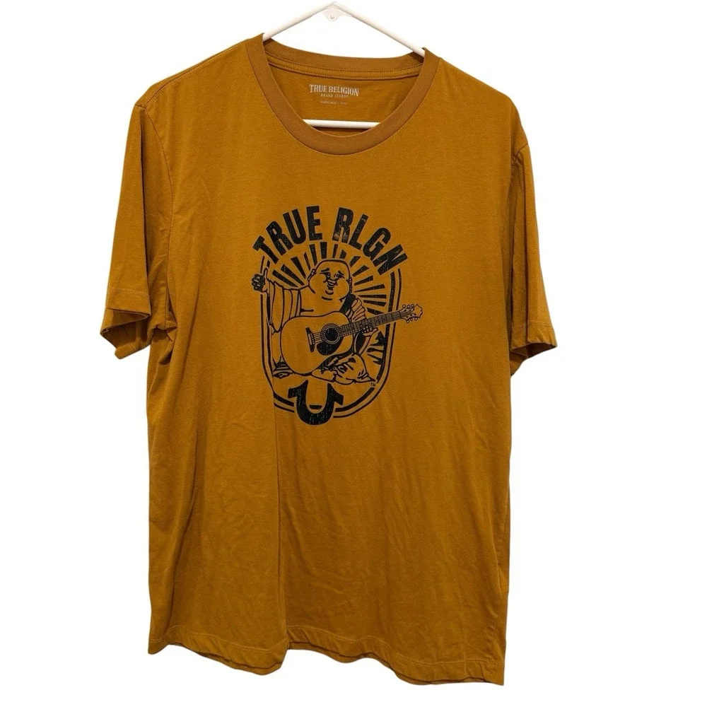 Distressed True Religion Buddha Logo W Guitar Antique Gold XL